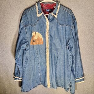 Vtg Wrangler Denim Shirt with Horse Patch Chicken Western Farm Boho Cottagecore